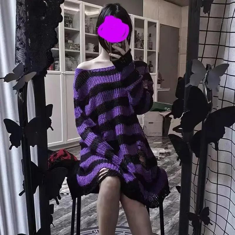 

Women Sexy Hollow Out Striped Long Sweaters Punk Gothic Cool Hole Broken Jumpers Over Size Loose Rock Dark Streetwear Pullovers One Size