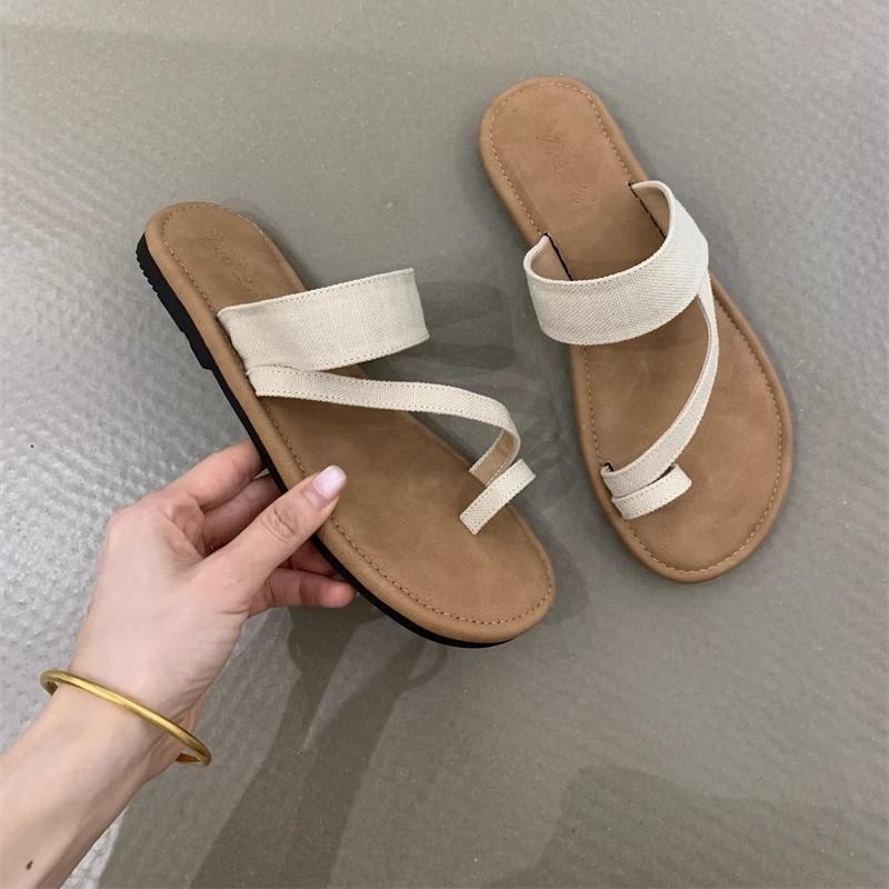 Set Zehenrömersandalen 2025 Sommer Koreanische Version Ins-Stil Leinenzehen Urlaub Strand flache coole Hausschuhe Damen