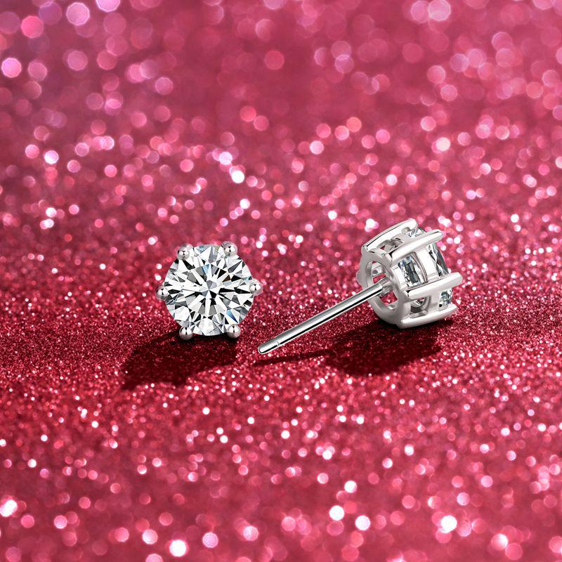 D Color Six-Prong Moissanite Sterling Silver Women's Earrings Plated with White Gold, One Carat