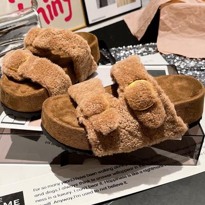Winter Fashion Thick-soled Casual Lamb Wool Slippers Women Wear Lazy Fur Integrated Open-toed Fluffy Slippers Women's Shoes