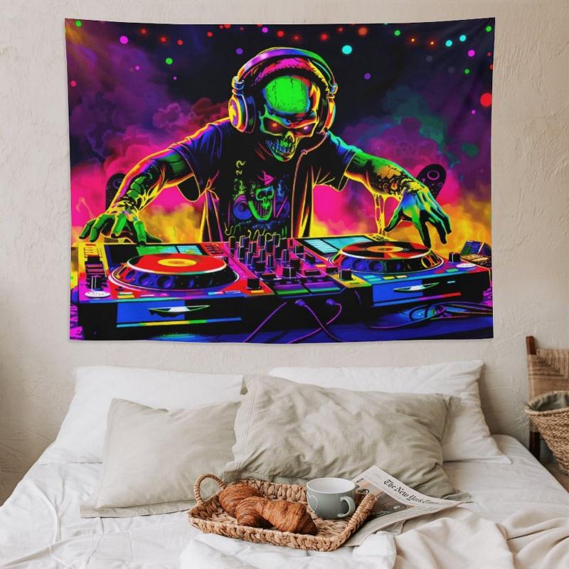 VIKAMA GlowInDark Skull DJ Tapestry  Neon Turntable Music Festival Wall Hanging For Game Room Studio Bar Decor