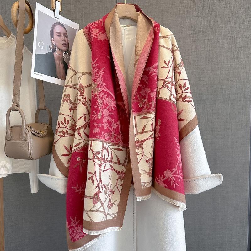 Autumn new splicing contrasting colors plant flower printing scarf women's fashion versatile warm scarf retro big shawl