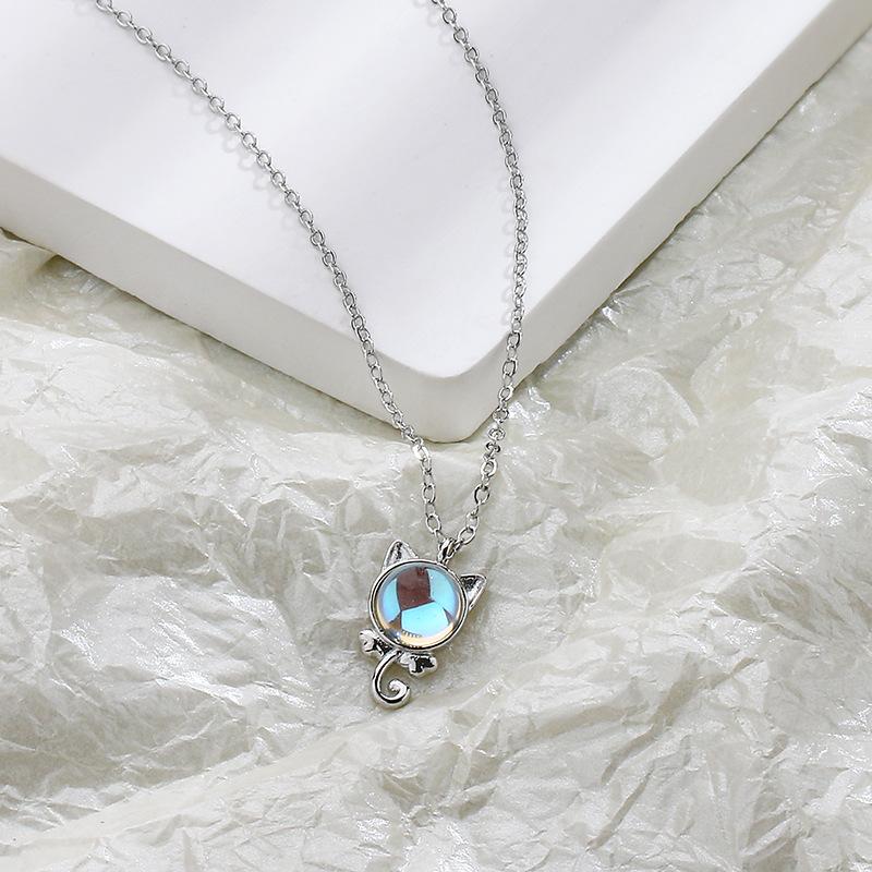 S925 Sterling Silber Halskette süße Katze Mondstein Halskette weiblichen Anhänger japanische und koreanische süße und frische Schlüsselbeinkette