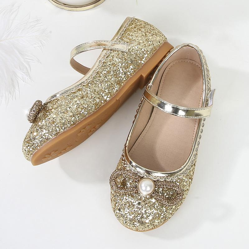 Kids Princess Shoes 2024 Spring New Little Girls Soft Crystal Shoes Flats Silver Children Mary Janes for Party Wedding Shows PU