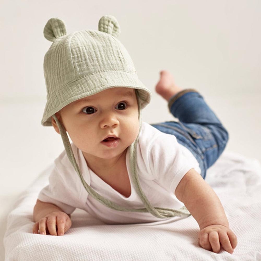 Baby Pure Cotton Bucket Hat with Rabbit Ears - Solid Color Sun Hat for 3-12 Months