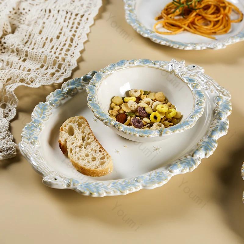 French Style Embossed Dining Plates Light Luxury Creative Ceramic Plate Set Desserts Salad Bowls Exquisite Household Tableware