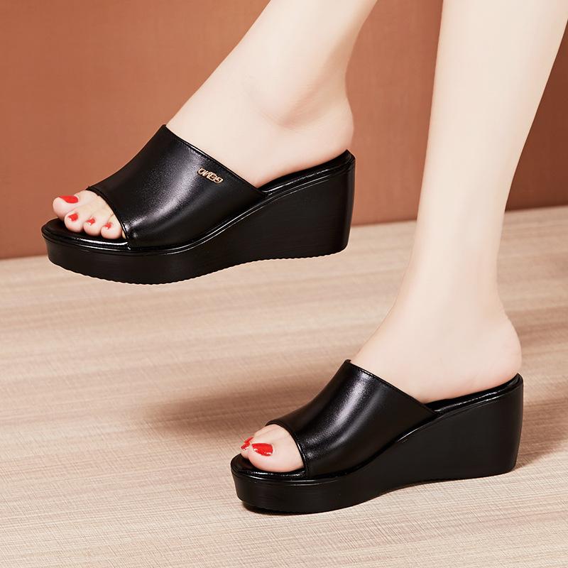 6cm Small Big Size 32-43 Comfortable Soft Leather Slippers Women Slides 2025 Summer Med Heels Platform Wedges Shoes Mom Beach