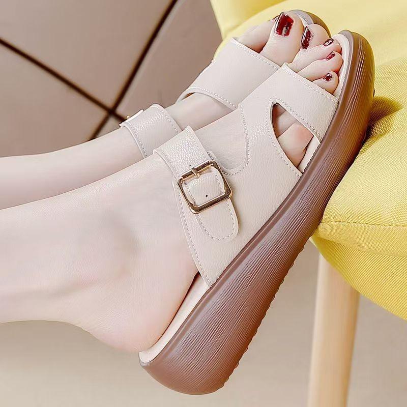 2025 summer new slippers women's summer outer wear wedge heel mother shoes platform comfortable women's shoes soft leather soft sole sandals women