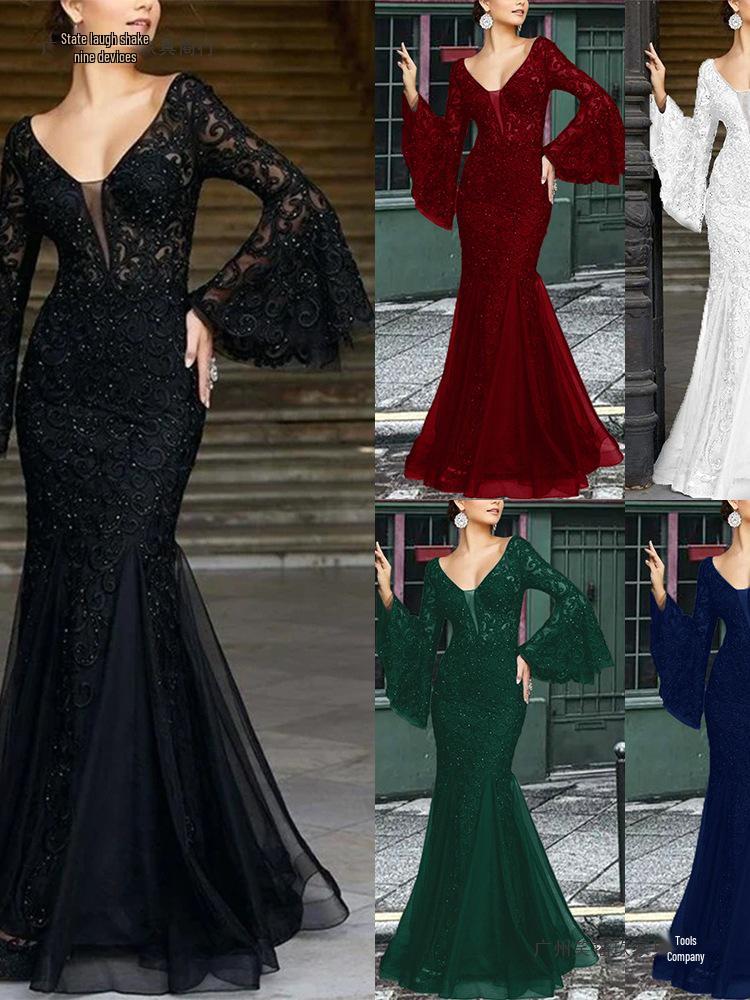 Elegant Black Fishtail Lace Evening Gown for Women