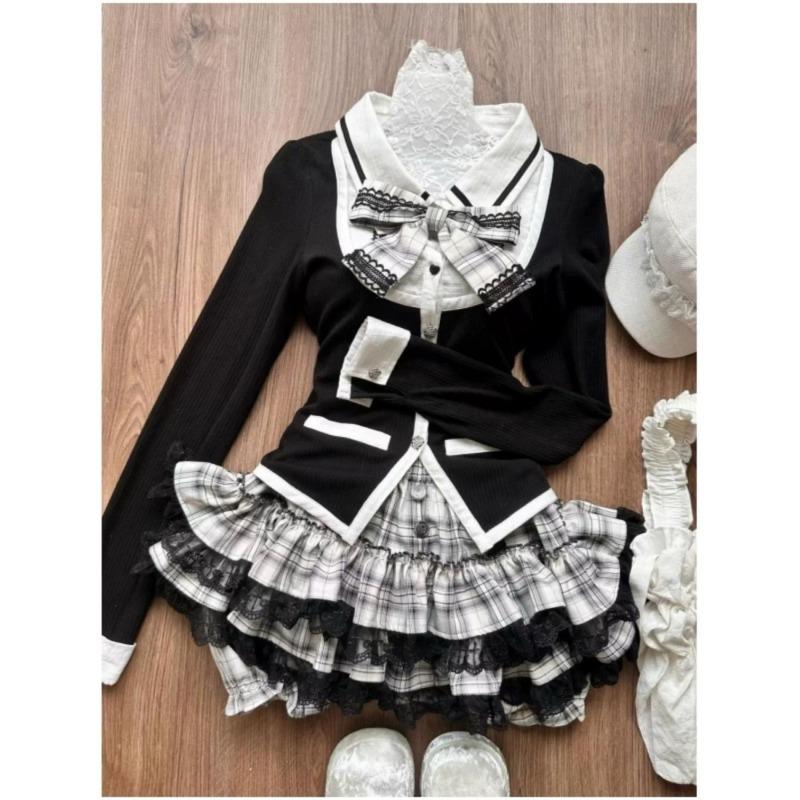 Autumn Winter Bow Lapel 2-piece Set Women Design Vintage Long Sleeve Slim Patchwork Tops + Thin High Waist Ruffle Skirt Suit New