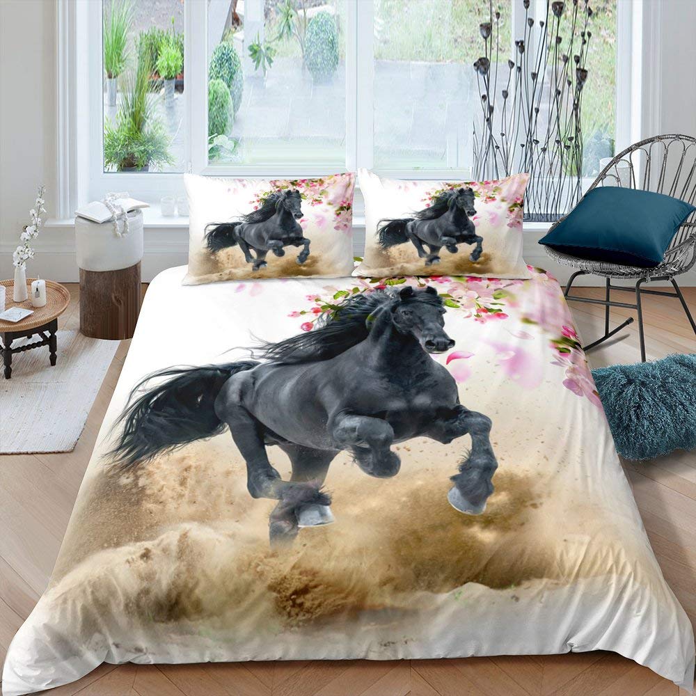 White Horse Pink Cherry Blossom King Full Bedding Set Watercolor Floral Duvet Cover Animal Quilt Cover Polyester Comforter Cover