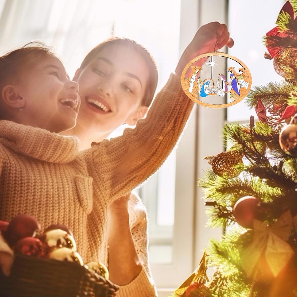 Color Hollowed Nativity Scene Pendant Christmas Tree Wooden Hanging Ornament Christmas Decoration