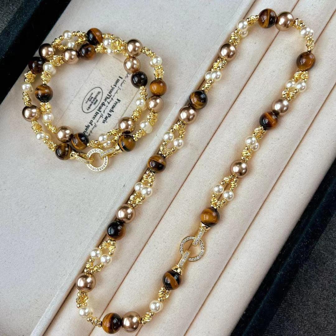 

Vintage Maillard Natural Tiger S Eye Artificial Brown Highlight Pearl Cross Necklace Clavicle Chain