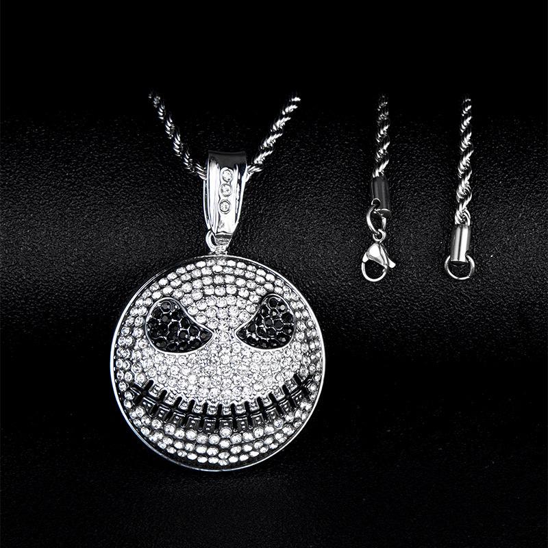 European & American Gothic Skull Pendant with Rhinestones on Cuban Chain