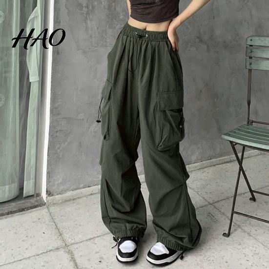 Women Cargo Pants Hip Hop Baggy Solid Color Multi Pockets Lady Trousers Elastic Waist Match Top Loose Breathable Clothes