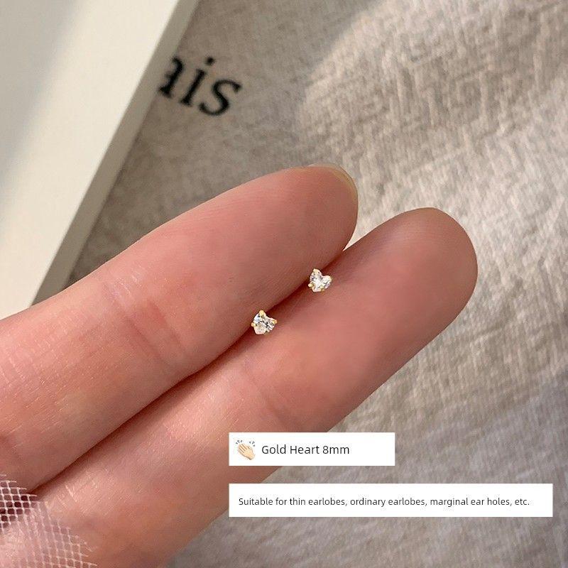 Evening S999 Sterling Silver Flash Diamond Ear Piercing Ear Stick Ear Studs Anti-Blocking Small Exquisite Wash Sleep No Need to Pick Earrings Earrings