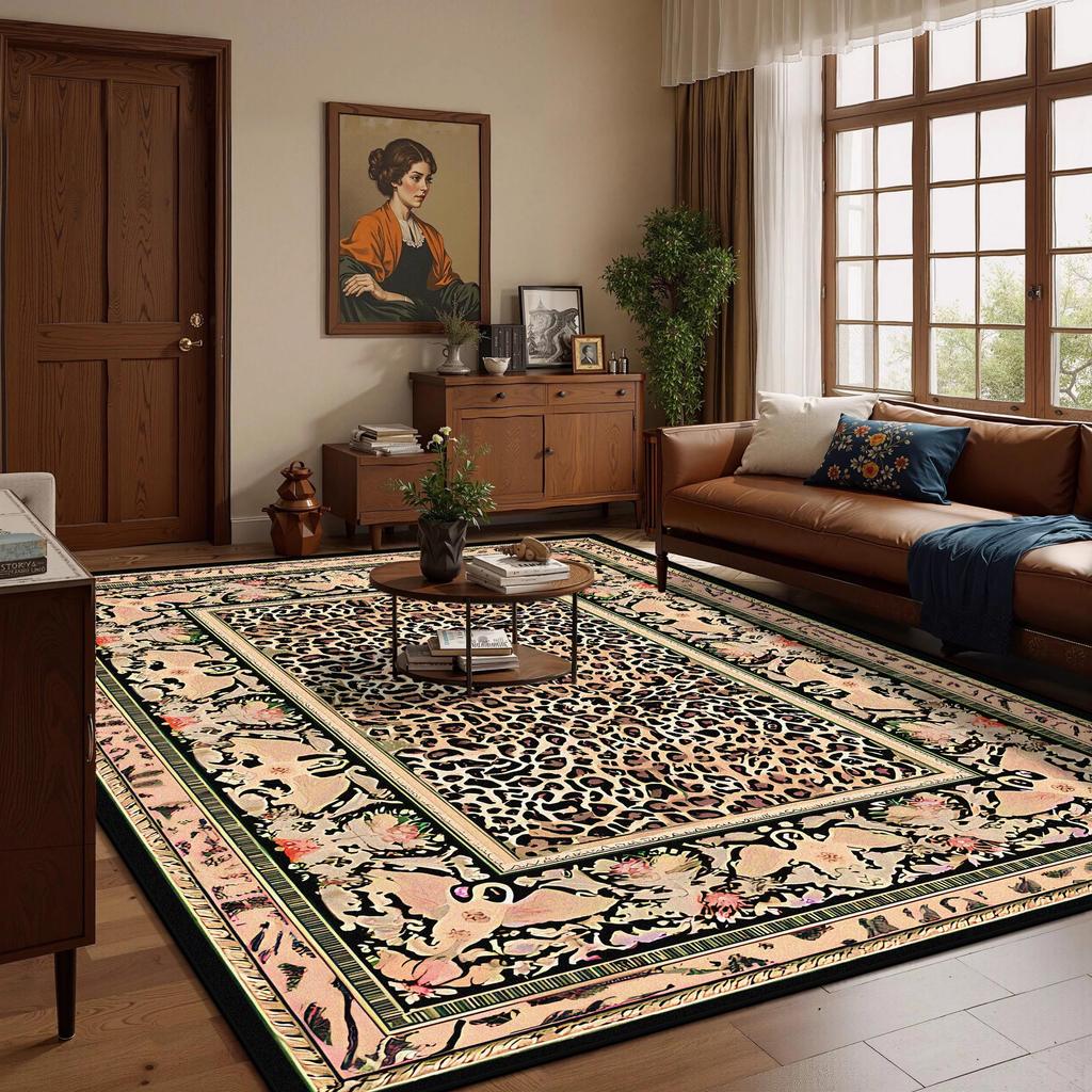 American Style Retro CARPET FOR LIVE ROOM Luxury Leopard Print Decoration Large Area Rugs Bedroom Bed End Washable Soft Foot Mat