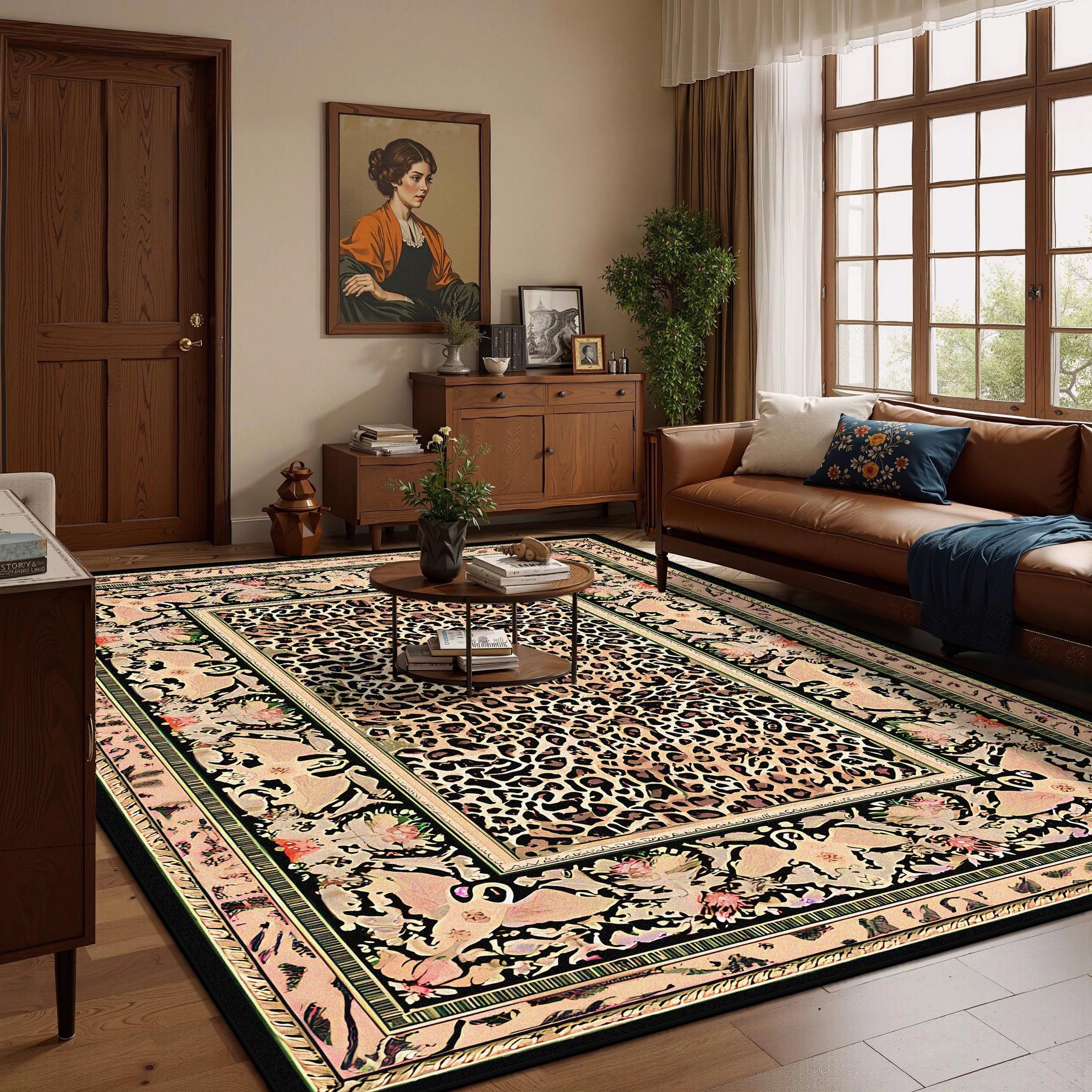 

American Style Retro CARPET FOR LIVE ROOM Luxury Leopard Print Decoration Large Area Rugs Bedroom Bed End Washable Soft Foot Mat 60x90cm