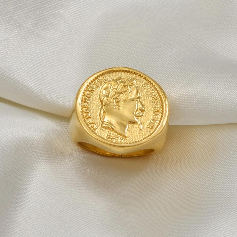 Anniyo Napoleon III Empereur Coin Ring Gold Plated Metal Ring for Women Men,French African Arab Turkey Wedding Jewelry #097106