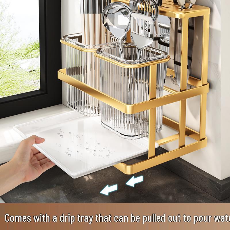 Wall-Mounted Multifunctional Kitchen Knife & Cutlery Holder with Drainer