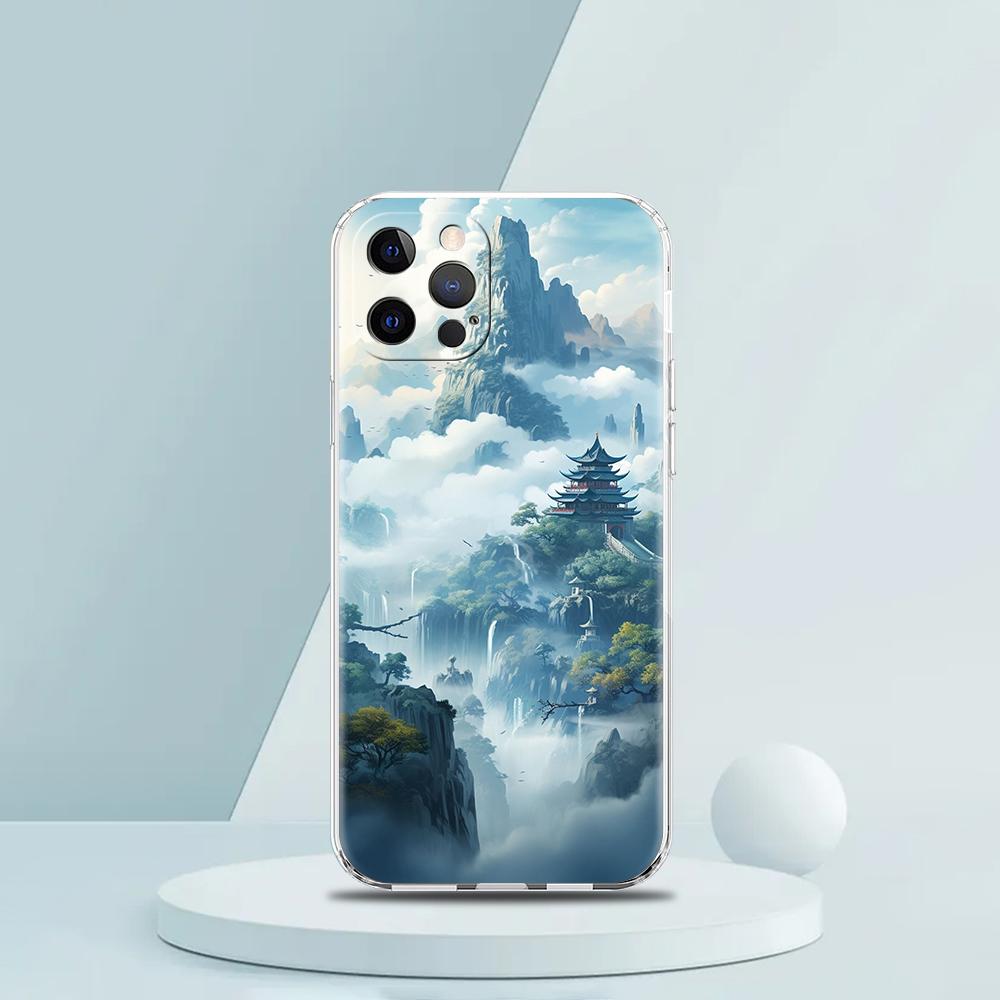 For iPhone 15 16 14 13 12 mini 11 Pro Max XS X XR SE 7 8 Plus Silicone Clear Cover Landscape Art Luxury Phone Case