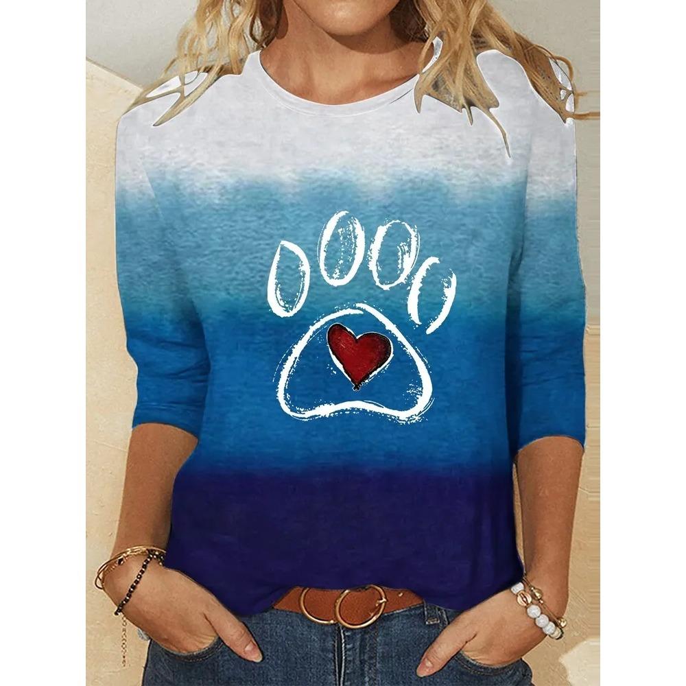 Fashionable Versatile Leisure 3D Long Sleeved T-shirt Women Loose Large Round Neck Casual Top Cartoon Letter Portrait Printed T-shirt