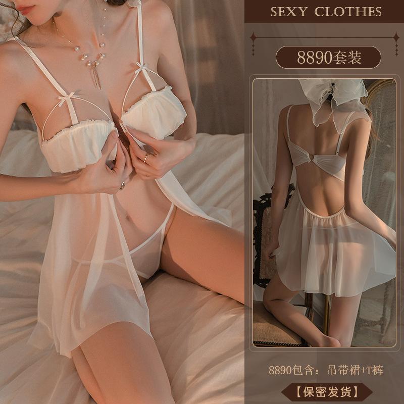 Sex underwear pure want suspender nightdress hot steel ring gathering transparent split pajamas uniform set