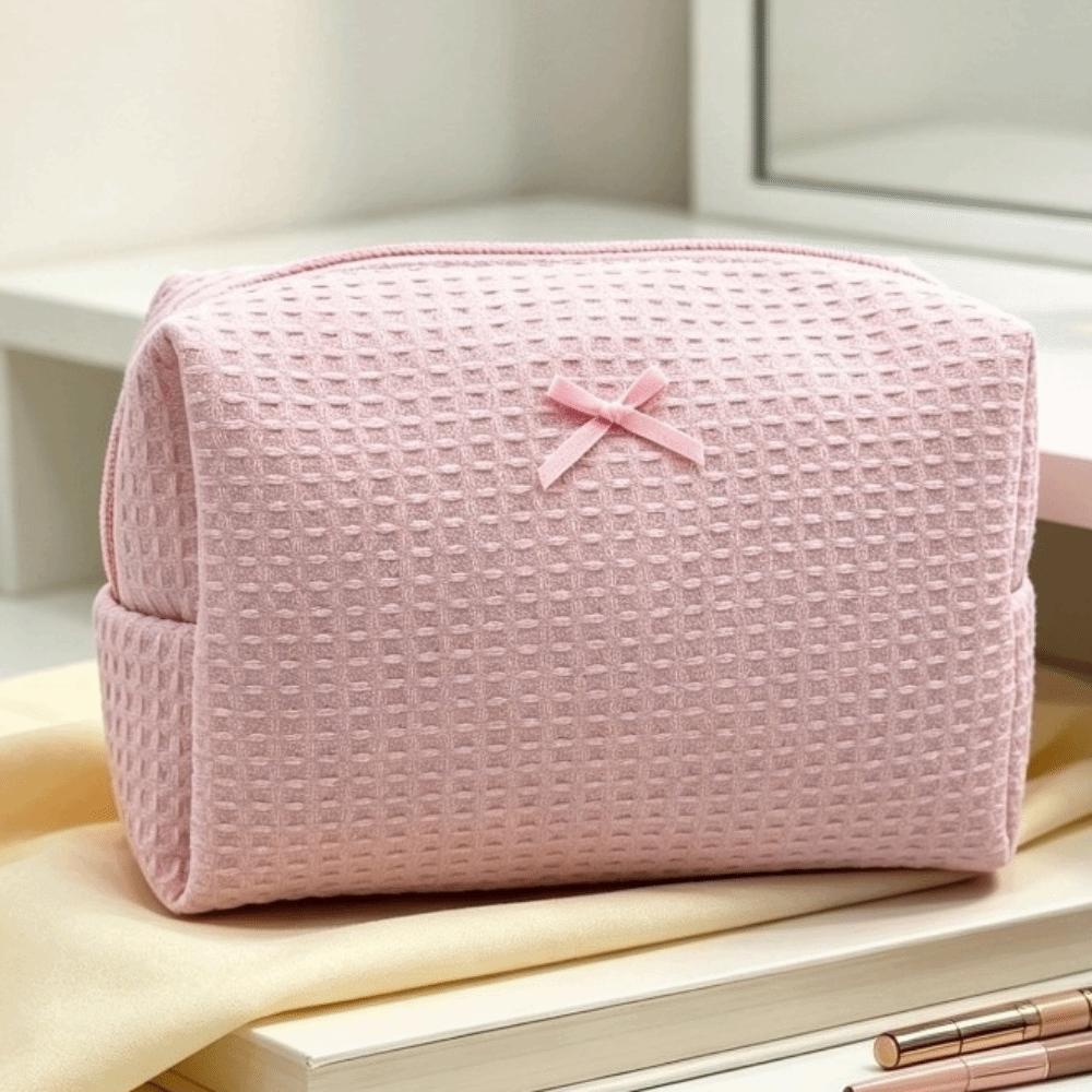 Large Capacity Waffle Knit Makeup Bag Bow Decor Toiletry Organizer Sweet Cosmetic Bag Daily