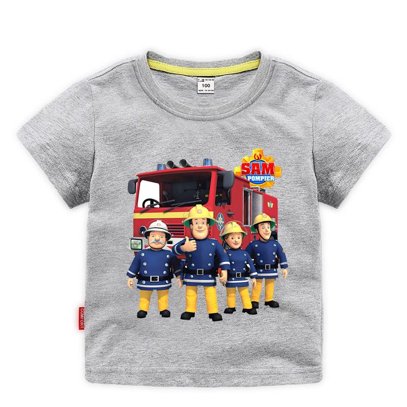 Children Cartoon Fireman Sam Print Cotton Tshirts for Boy Shirt Girl Short Sleeve Tee Top Clothes Kids Clothing Unisex 210Year