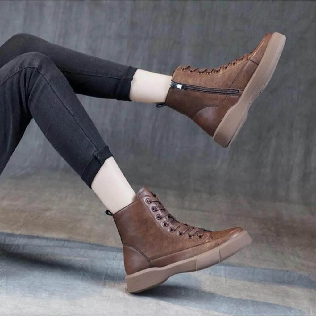 Fashion Women Snow Boots Autumn Winter Warm Plush Shoes Handmade Retro Style Flats Heel Zipper Ankle Boots For Women