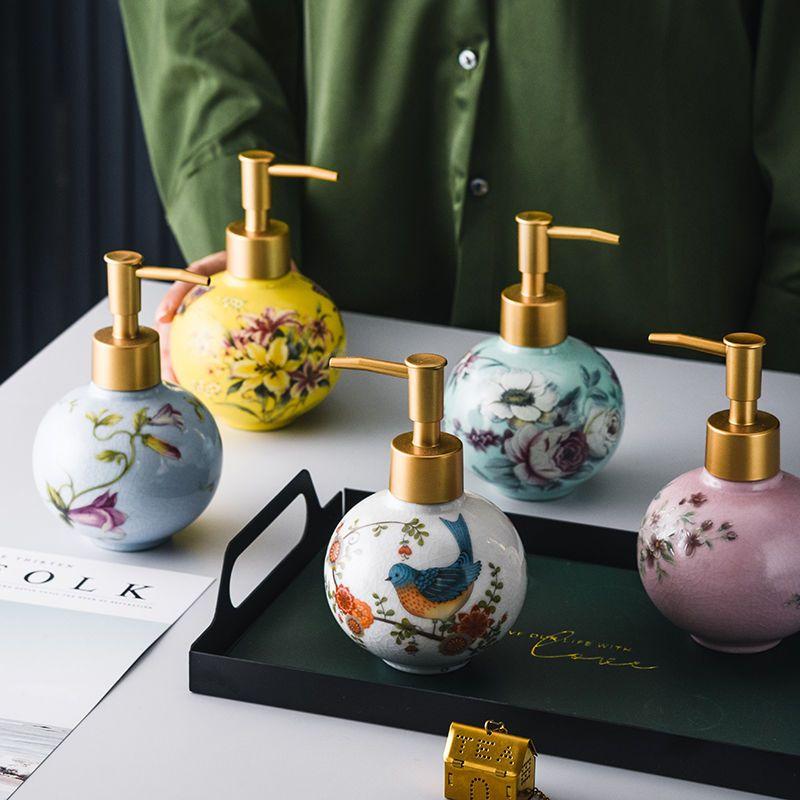 American Painted Flower Ceramic Lotion Bottle Gold Press Soap Dispenser Household Shampoo Water Bottling Bathroom Accessories