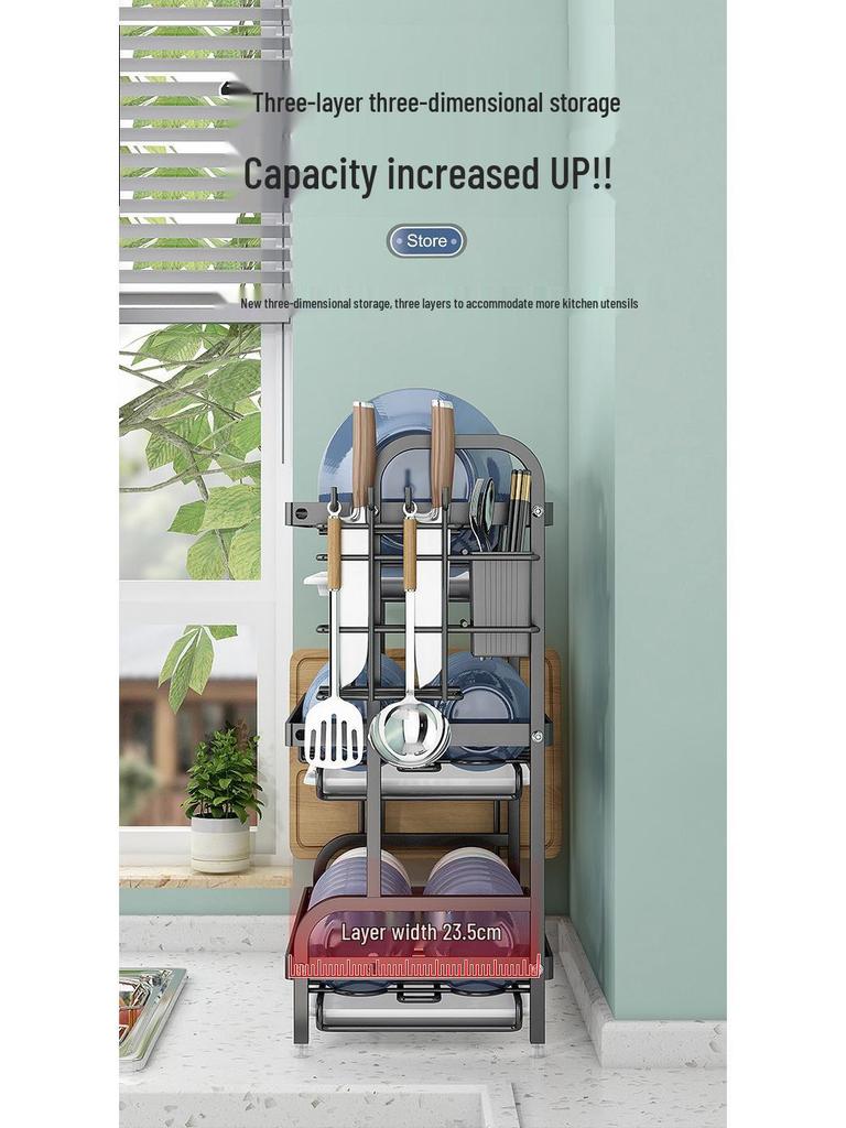 Multi-functional Stainless Steel Kitchen Bowl and Dish Storage Rack with Chopsticks Holder