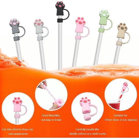 6 PCS Cat Straw Cover Protector Reble Drinking Accessories Silicone Cat Paws Straw Topper Compatible with 10 mm Straws