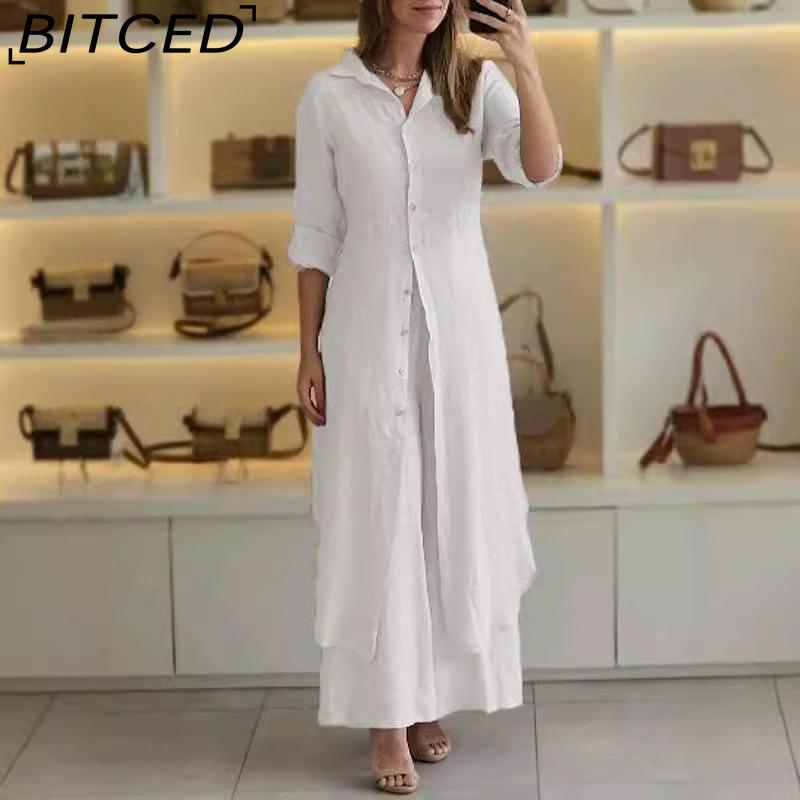 

Женский элегантный костюм BITCED на лето, весну и осень из хлопка и льна, приталенный, с длинными рукавами и широкими брюками S белый