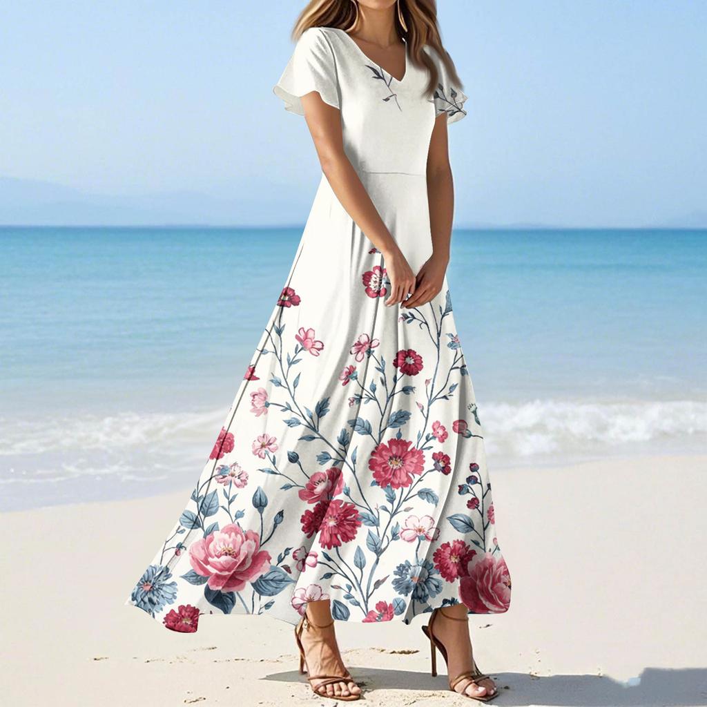 Women's Summer Casual Fashion Print Color Dresses V-Neck Short Sleeve Dresses