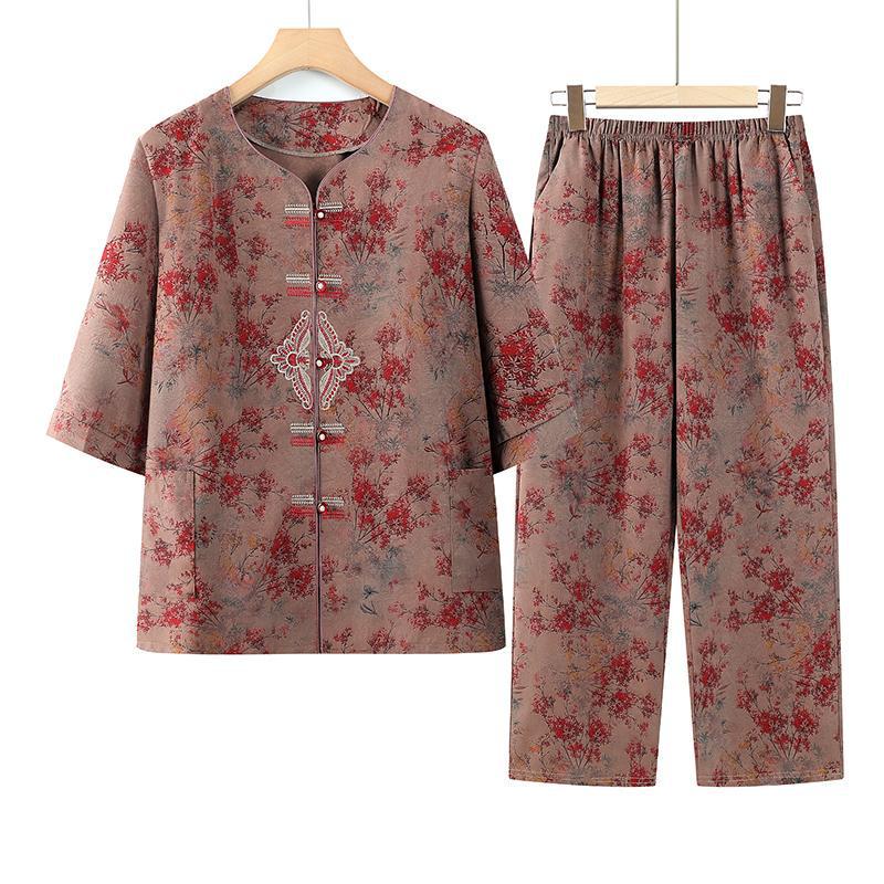 

Chinese Style Short-Sleeve Two-Piece Set for Middle-Aged and Elderly Women - Spring/Summer Wear 2XL (for 100-115 jin) красный