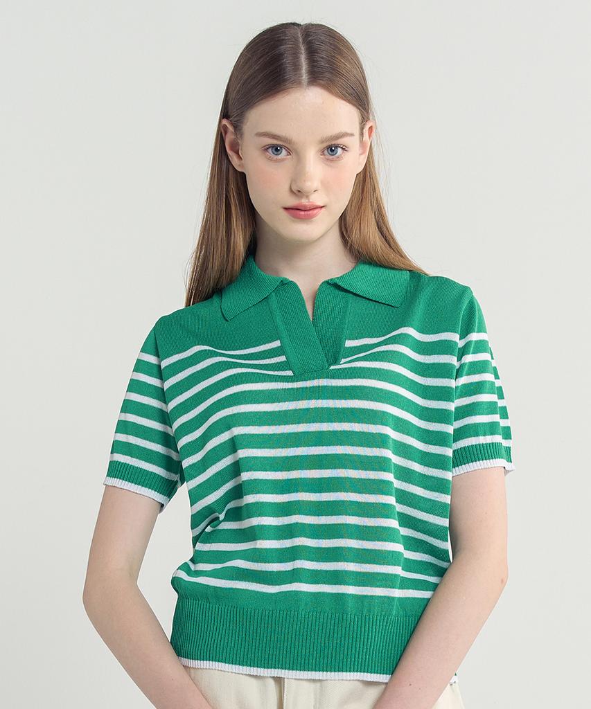 BLOND9 Cool Stripe Collared Short Sleeve Knit_Green