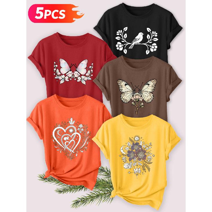Five-piece set Elegant short-sleeved shirt for women Retro Butterfly and Mysterious Plant Series Printed Round Neck Women's Short Sleeve Shirt