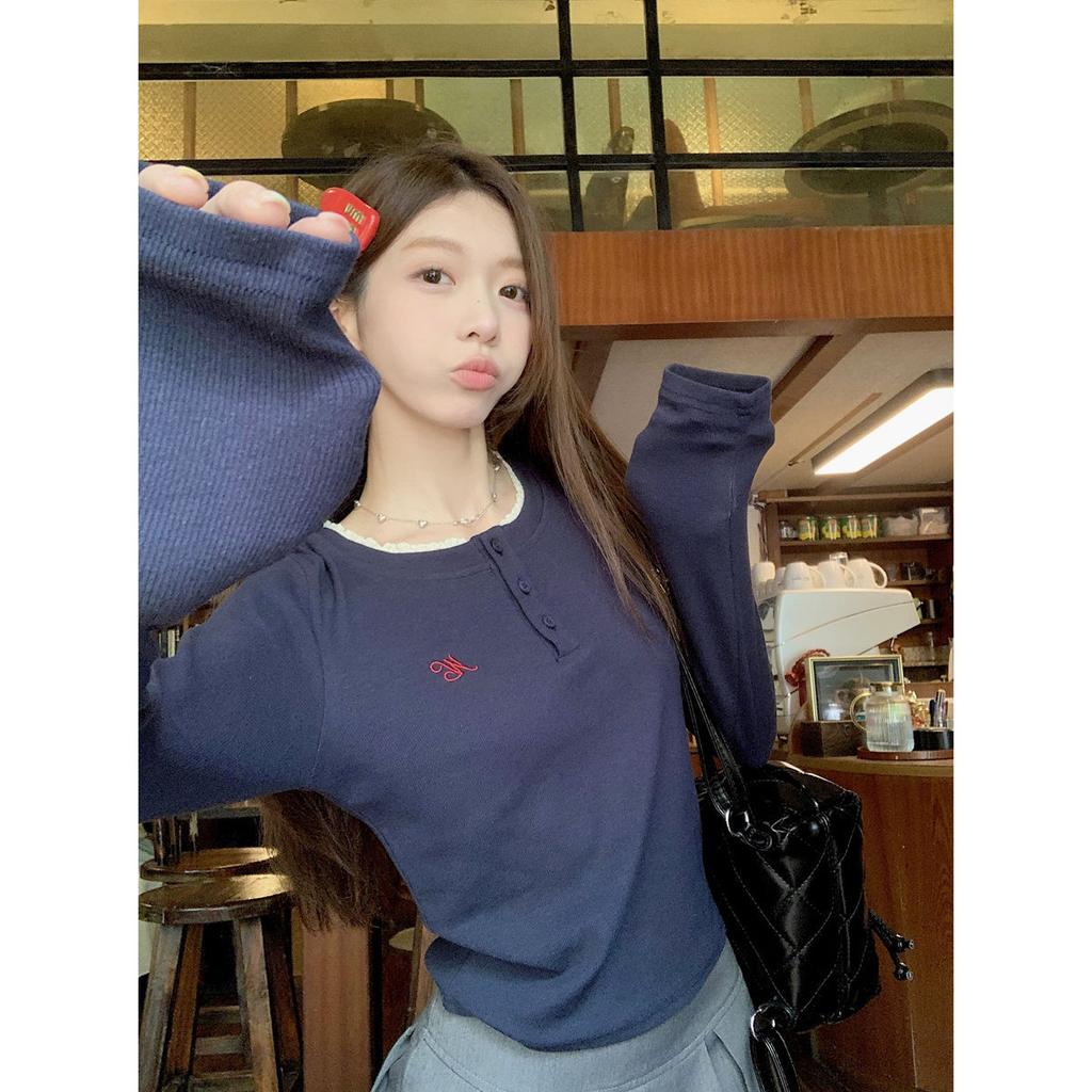 Design Embroidered Top Women's Spring Lace Half Open Neck Button Long Sleeve T-Shirt Bottom Shirt