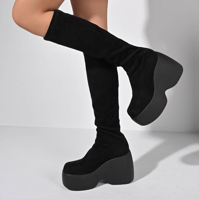 Fashion 35-43 Large Size 2025 Winter New Slimming Elastic Sock Boots, Ultra-high Heel Thick-soled Suede Fashion Boots
