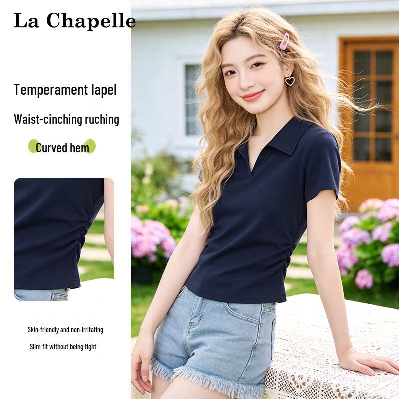 La Chapelle Women's Korean Style Polo Collar Pleated Short Sleeve T-Shirt