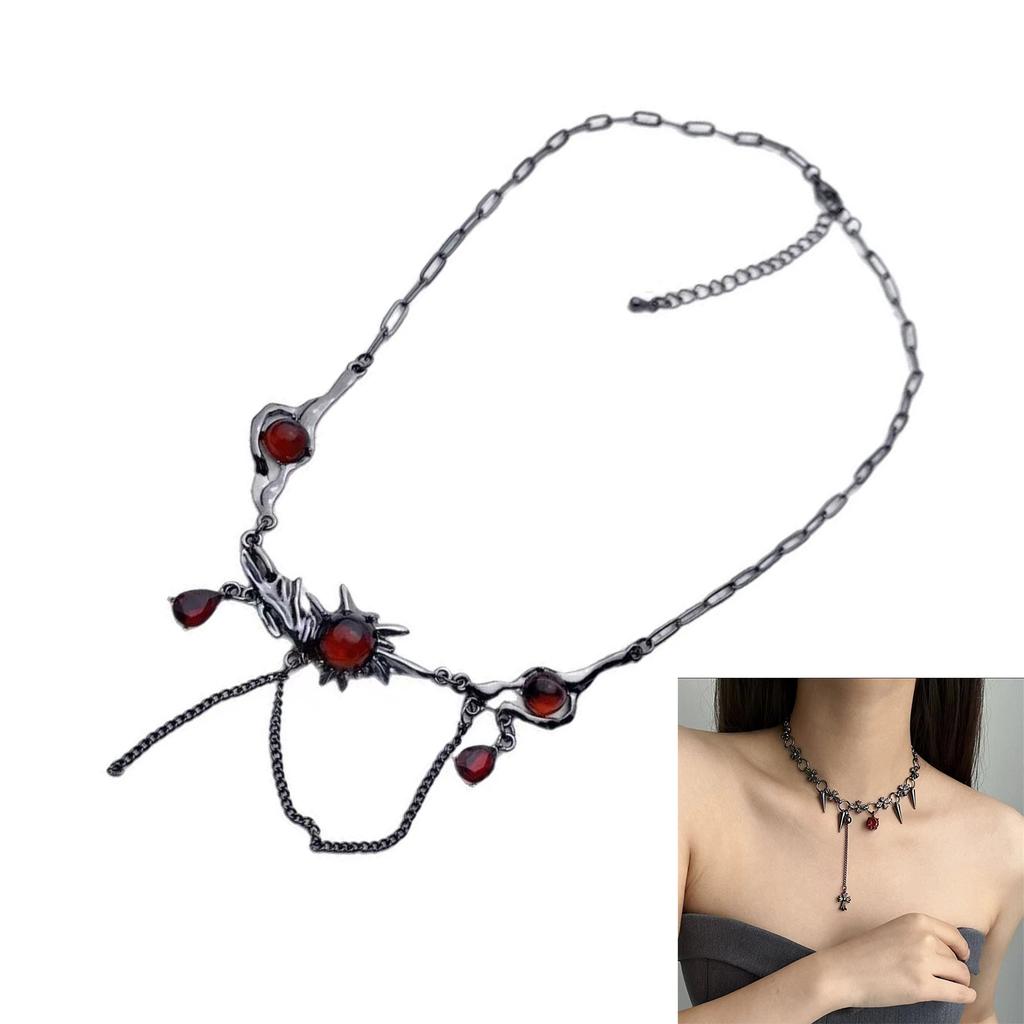 Alloy Gothic Necklace with Red Zircon and Black Tassels Trendy Night Club Party Jewelry for Fashion Enthusiasts