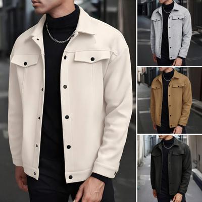 Men Jacket Woolen Lapel Design Long Sleeve Solid Color Coat with Flap Pockets Design Solid Color Autumn Winter Business Coat