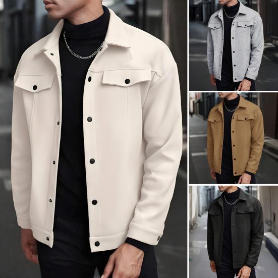 Men Jacket Woolen Lapel Design Long Sleeve Solid Color Coat with Flap Pockets Design Solid Color Autumn Winter Business Coat