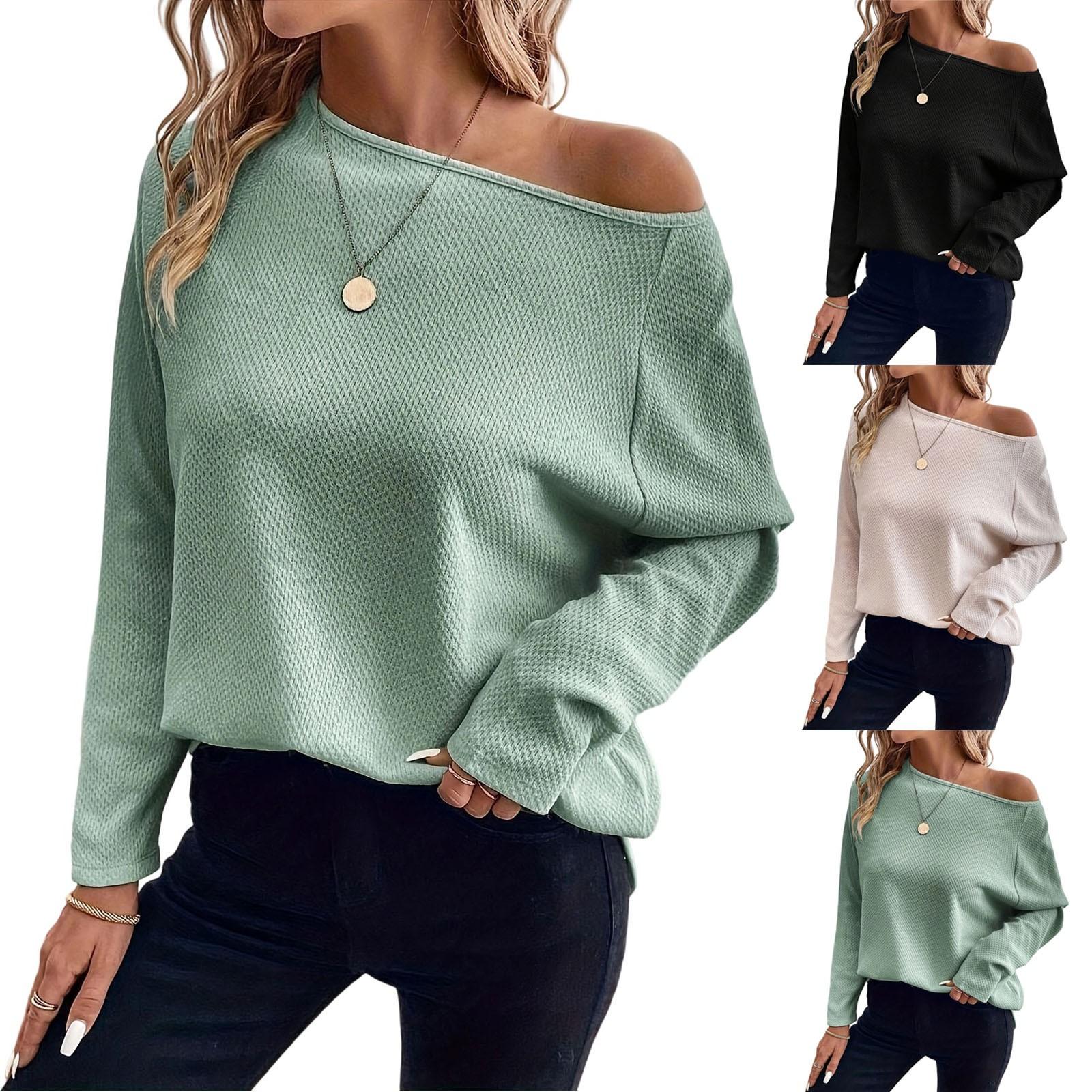 

Women s Long Sleeve Knit Tops Casual Summer Fashion Off Shoulder T-Shirt Loose Tops XL