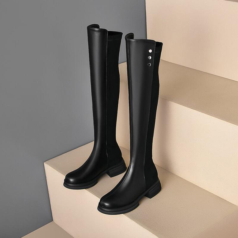 

Осенне-зимние женские ботфорты до колена на толстой подошве, нескользящие, большого размера, европейские красивые женские сапоги, средний каблук, круглый носок, квадратный каблук, чулок 39