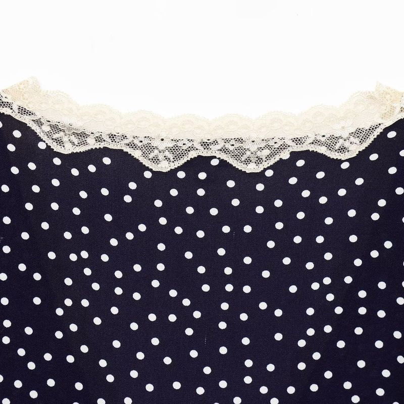 Kaslead New Arrival Women's Clothing Fashion Style Fashion French Style V-neck Lace Patchwork Polka Dot Dress