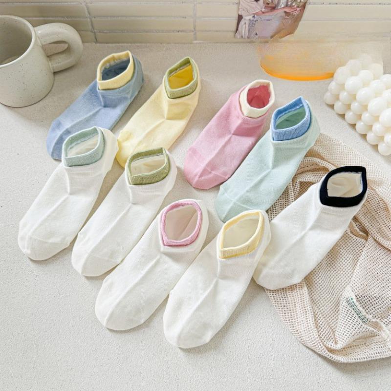 5 Pairs of Boat Socks, Women's Summer Thin Color-blocked Short Socks, Mesh Boneless Dopamine Cotton Socks, Summer Breathable Short Socks, Trendy