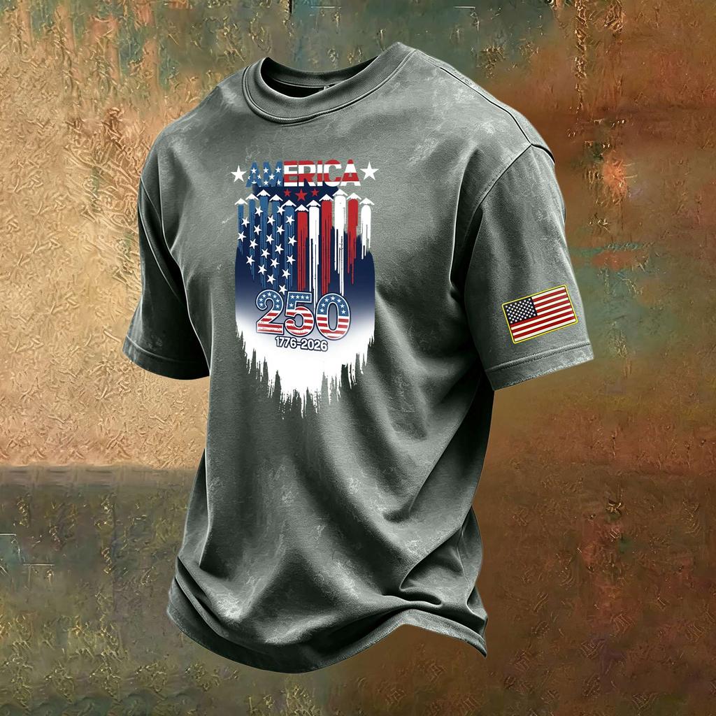 Men's Vintage Washed Short Sleeve Crew Neck T-Shirt with Patriotic Graphic Print and Sleeve Flag Patch Casual Fit