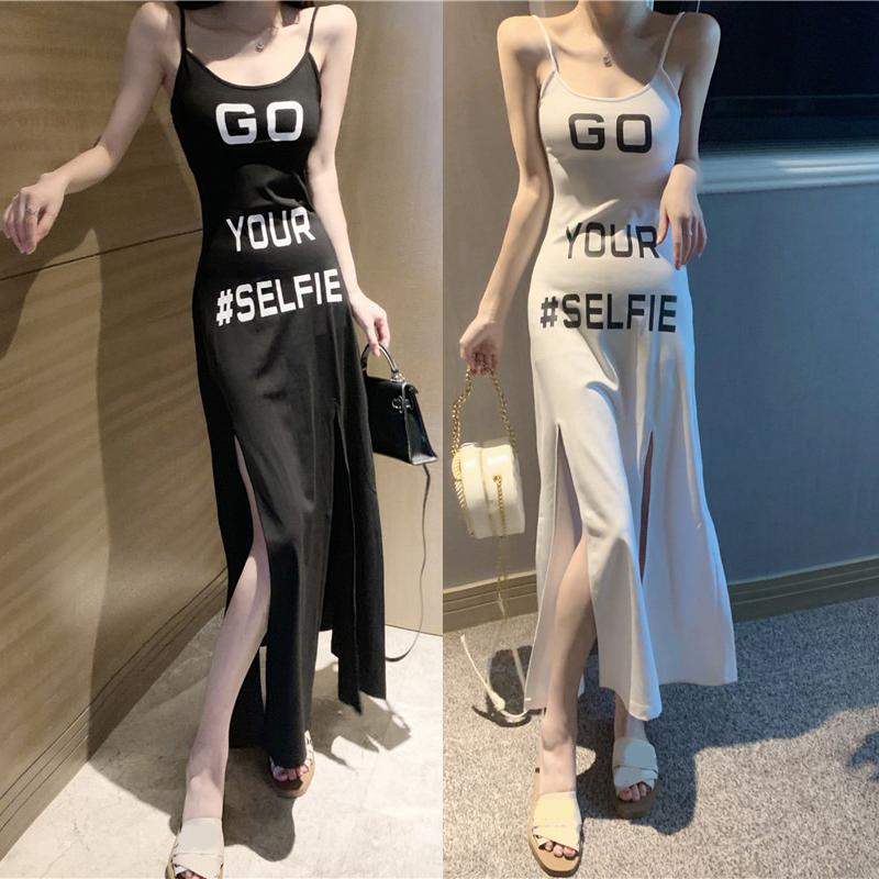

Women s Spaghetti Strap Letter Print Midi Sleeveless Side Slit Summer Dress One Size